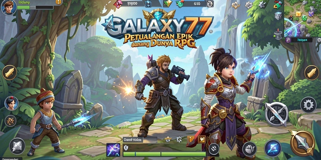 Screenshot GALAXY77 yang menampilkan pertarungan epik dalam permainan RPG.