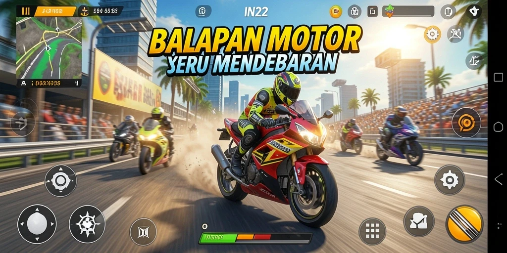 Tampilan gameplay balapan motor yang seru dan menantang.