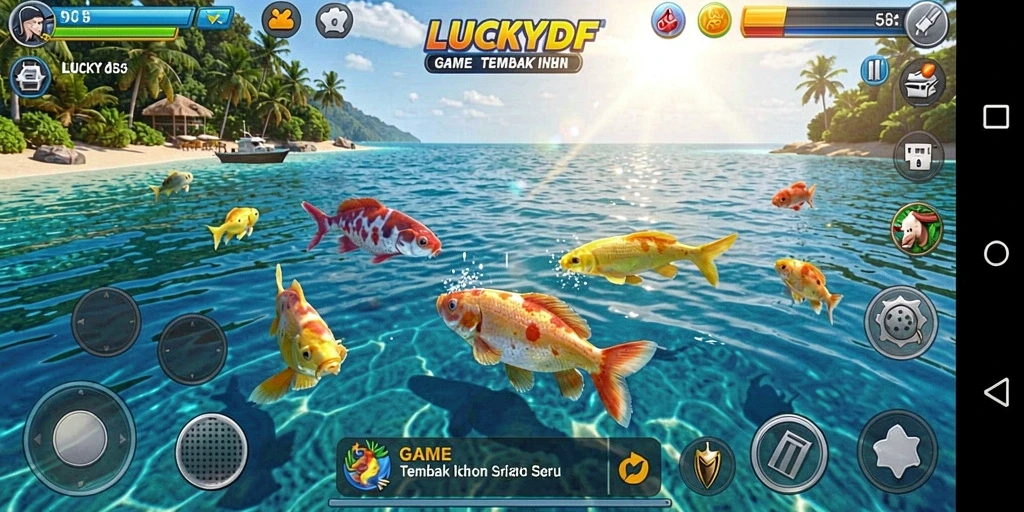 Gameplay seru LUCKYDF dalam menembak ikan berwarna-warni.