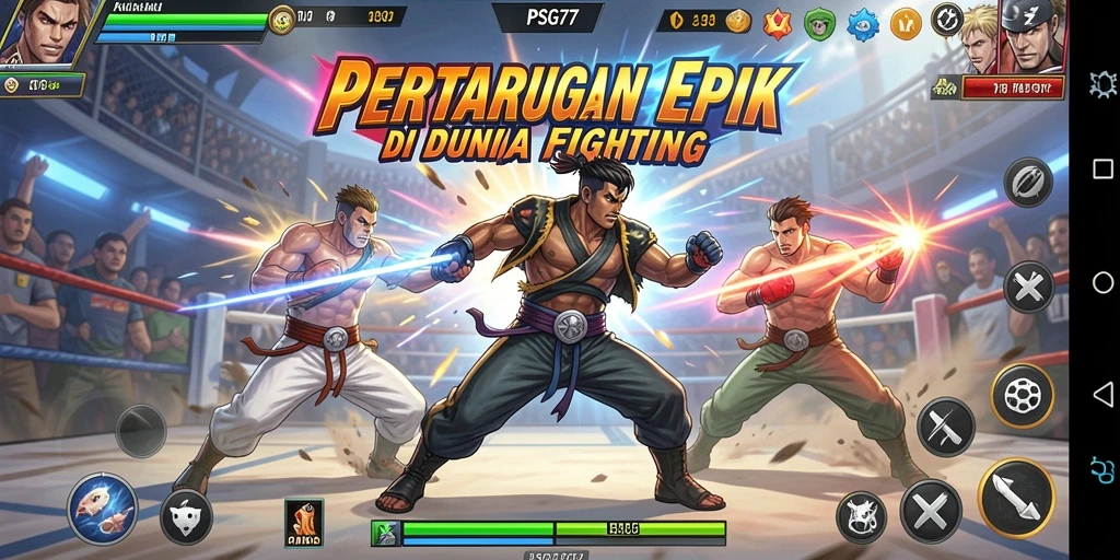 Tampilan utama gameplay PSG77 dengan karakter bertarung yang seru.