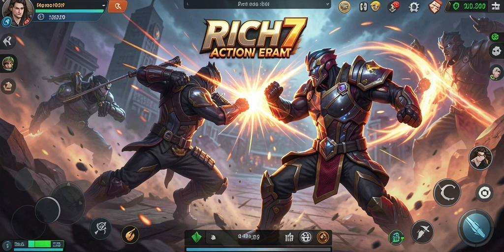 Tampilan gameplay seru dalam RICH7 yang menampilkan pertempuran mendebarkan.