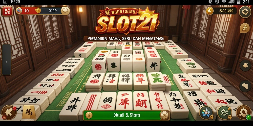 Tampilan gameplay yang menarik dari SLOT21 dengan ubin Mahjong berwarna-warni.